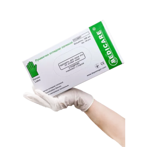 Рукавички оглядові латексні «MEDICARE» (нестерильні, з високим ступенем захисту, текстуровані, без пудри)