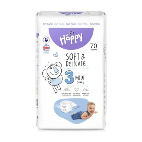 Підгузки дитячі одноразові HAPPY BELLA BABY midi. ( вага 5-9 кг, 70 шт)