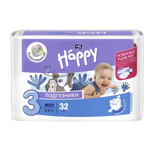 Підгузки дитячі HAPPY BELLA BABY midi. (вага 5-9 кг 32 шт.)