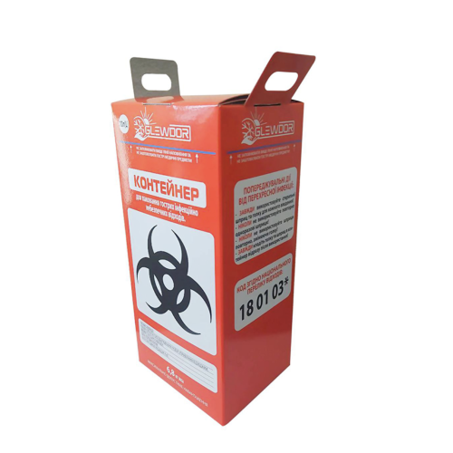 Контейнер одноразовий для паковання інфекційно  небезпечних відходів. Об’єм: 10 л, габаритні  розміри: 184х154х390 мм, упаковка - 25 шт